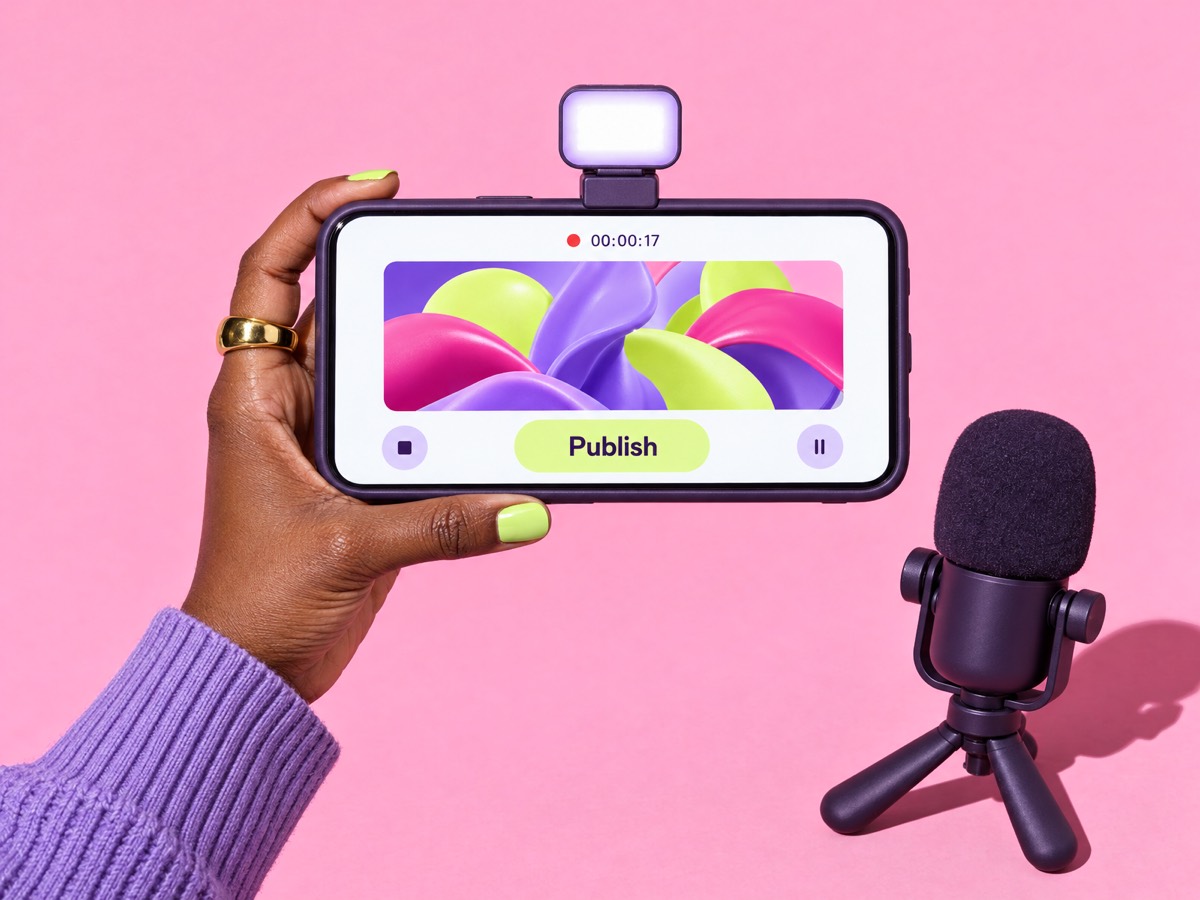 A creator's hand recording video on a phone, ready to publish.