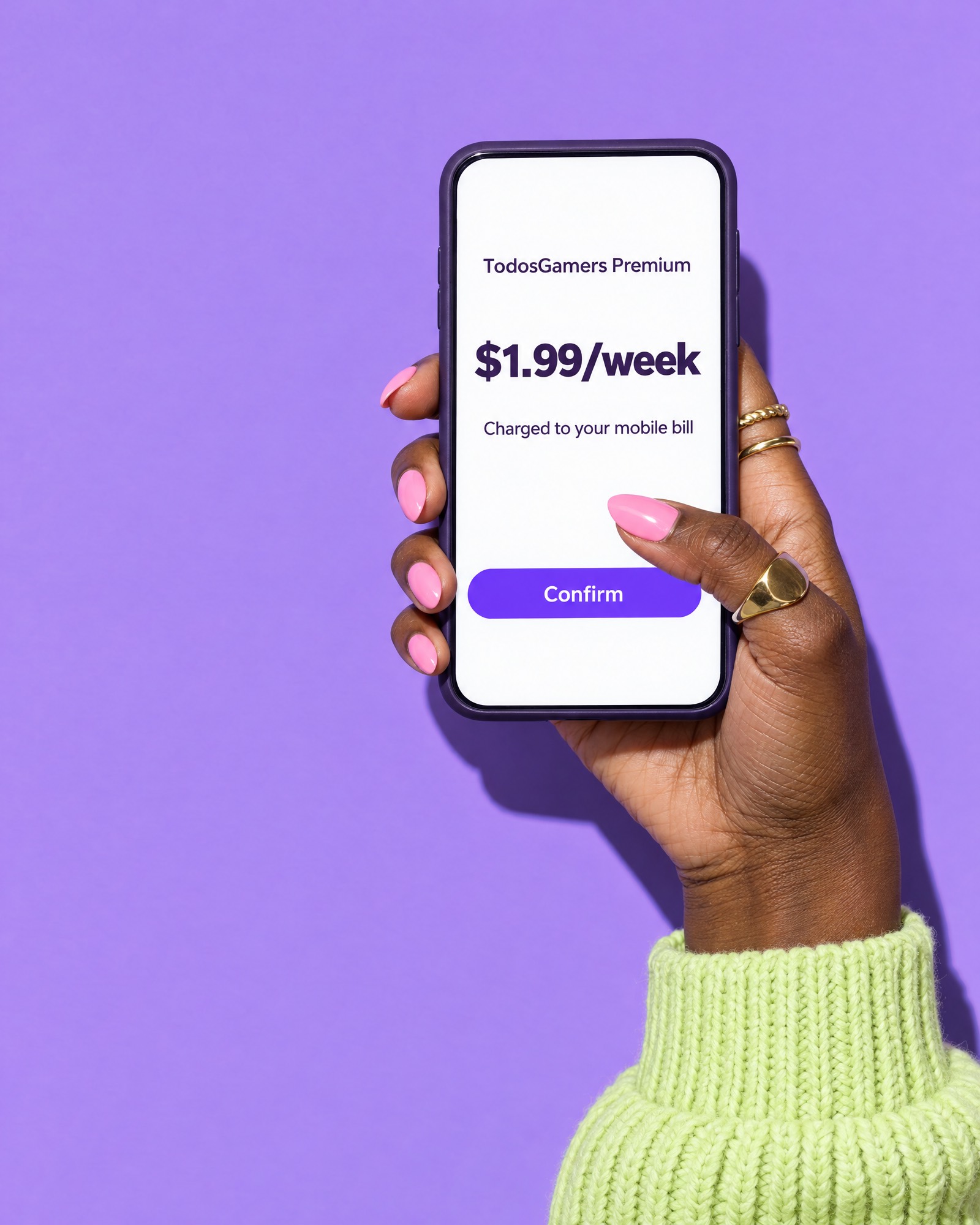 Hand holding a phone showing a carrier-billing checkout: TodosGamers Premium, $1.99 per week, charged to your mobile bill.