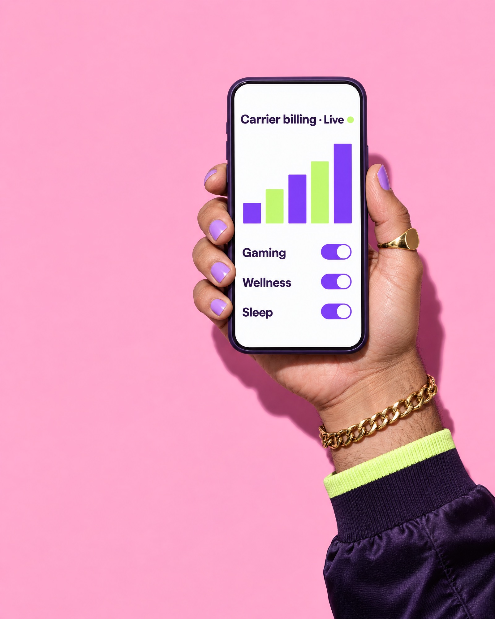 Hand holding a phone showing a live carrier-billing dashboard for gaming, wellness and sleep services.