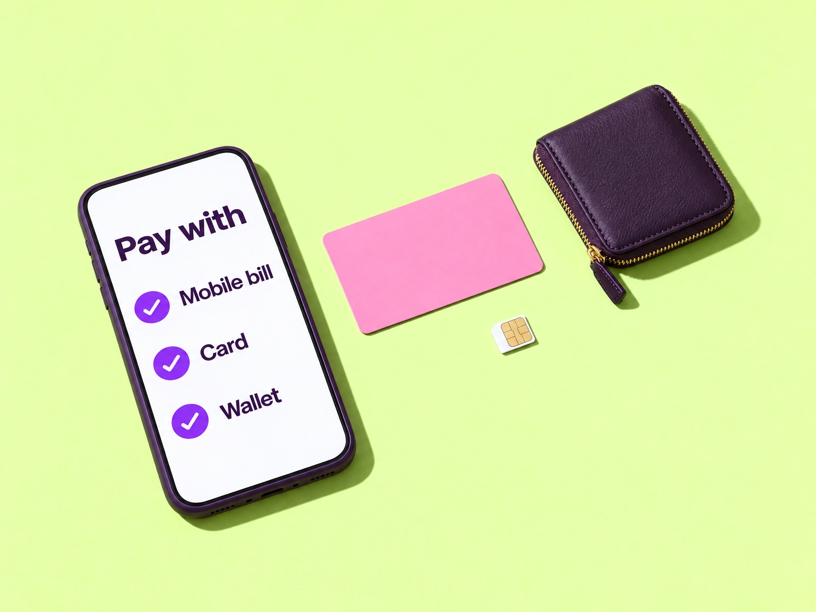 Phone showing mobile bill, card and wallet payment options, beside a payment card, a SIM card and a coin wallet.