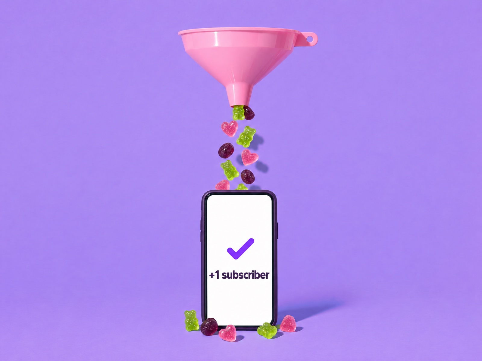 Candy pouring through a pink funnel into a phone that shows +1 subscriber.