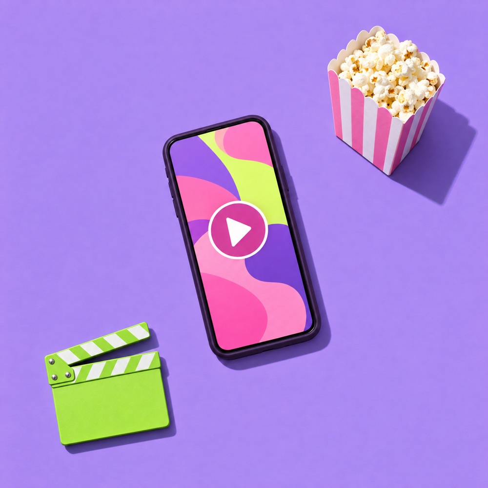 Phone playing a video, with a popcorn box and a clapperboard.