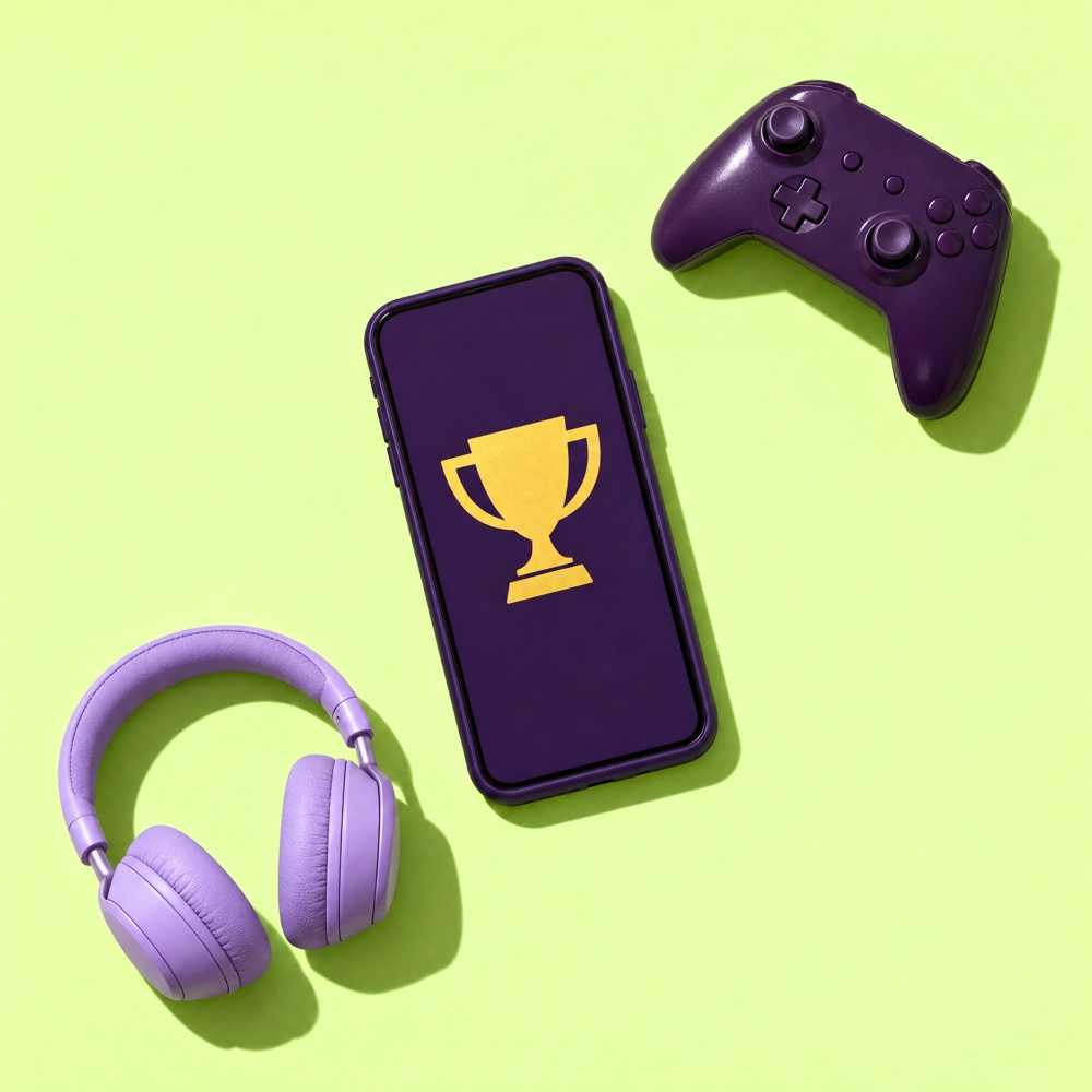 Phone showing an esports trophy, with a game controller and headphones.