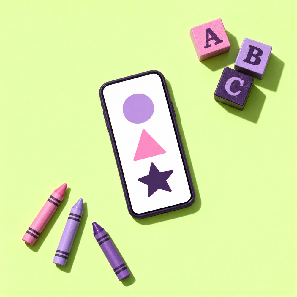Phone showing a shapes game for kids, with alphabet blocks and crayons.