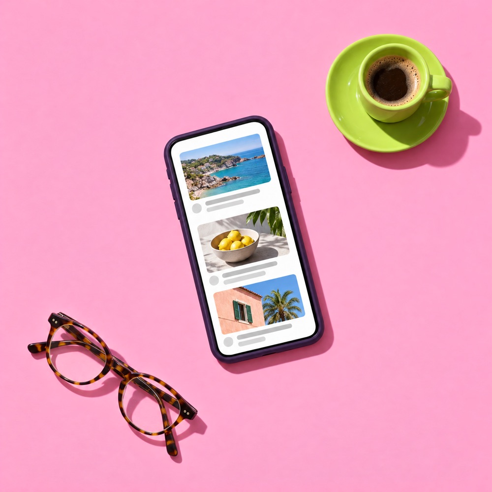 Phone showing a news feed, with an espresso cup and reading glasses.