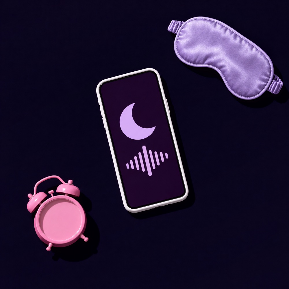 Phone showing a sleep app, with a satin sleep mask and an alarm clock.