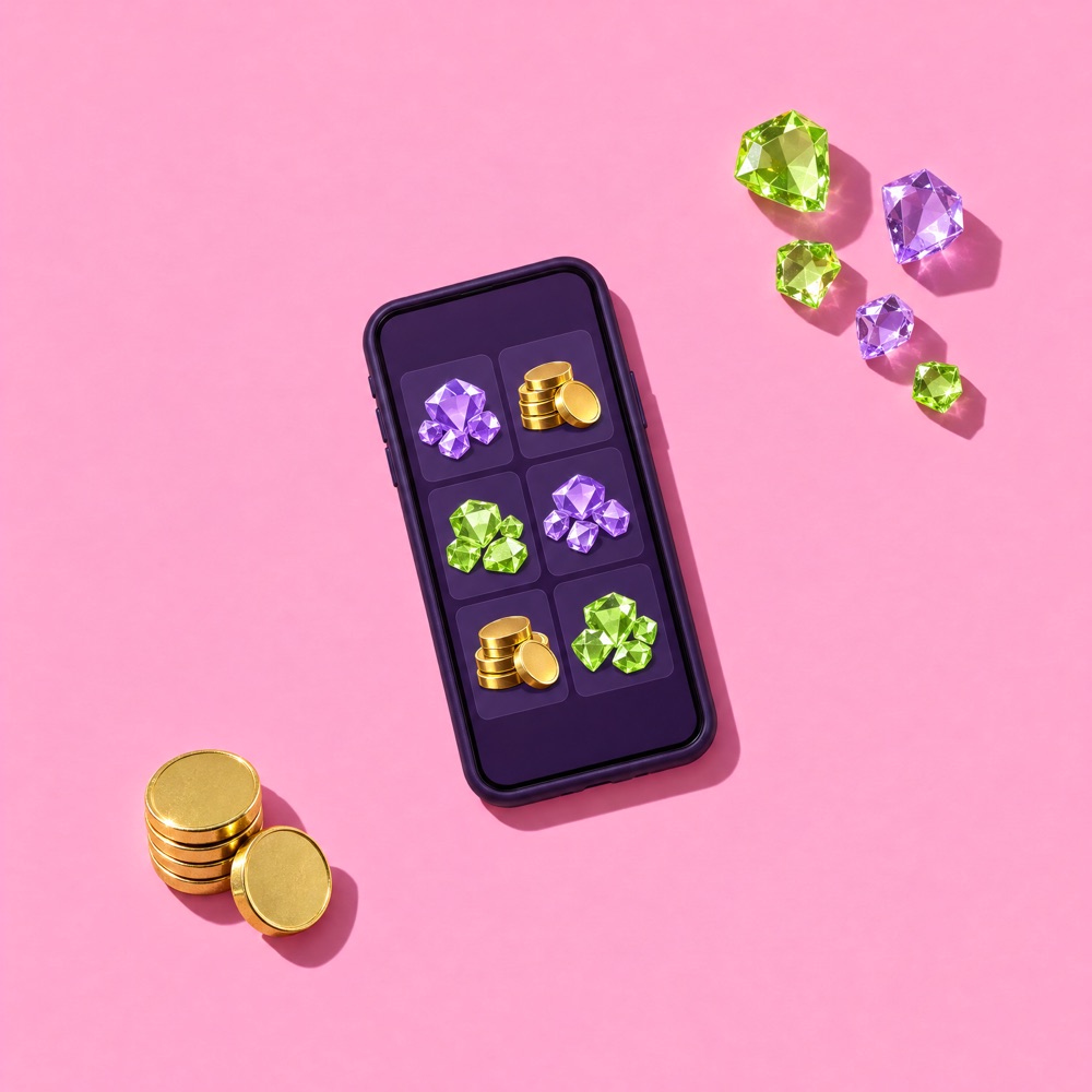 Phone showing a game-currency store, with colorful gems and gold tokens.