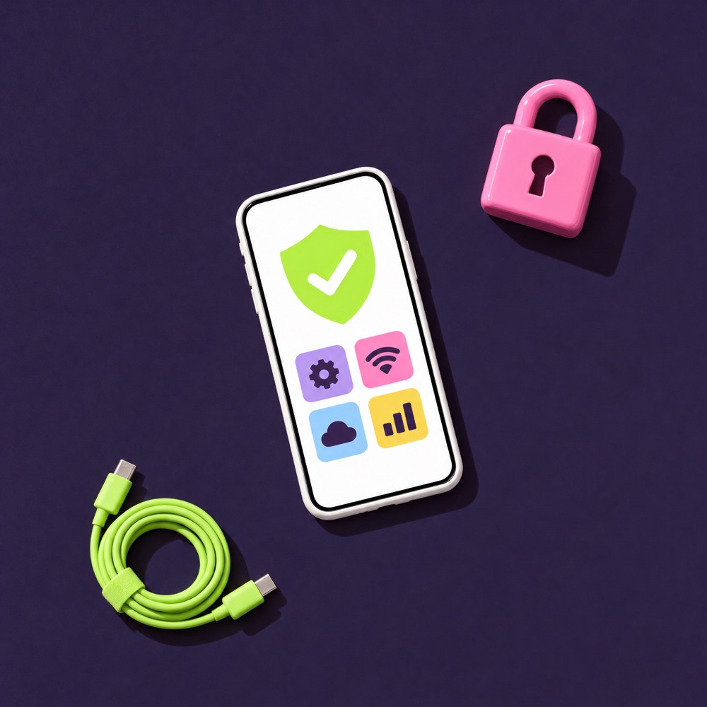 Phone showing a security shield, with a padlock and a charging cable.