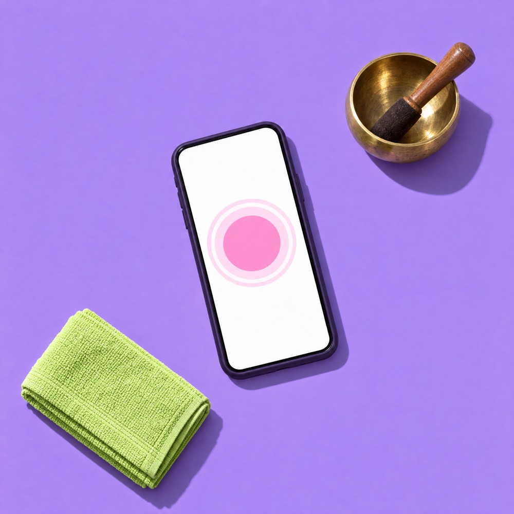 Phone showing a breathing exercise, with a singing bowl and a yoga towel.